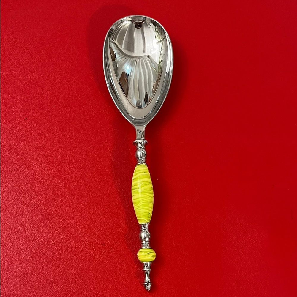 Italian Murano Glass Salad Spoon - yellow green Stripes 10.5”L